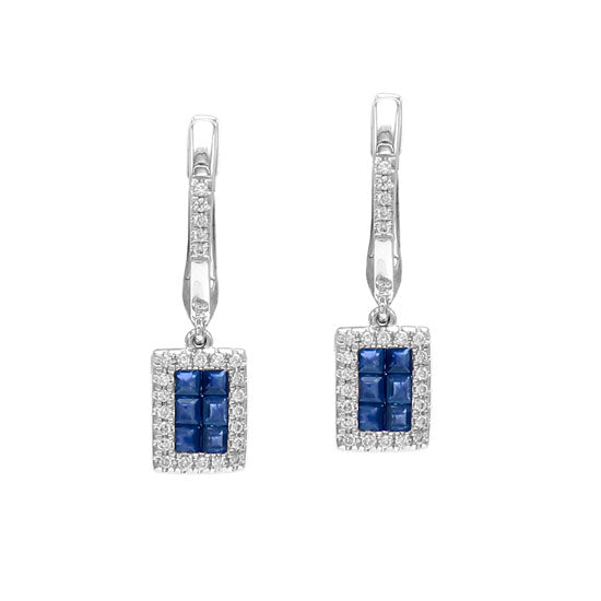 Blue Sapphire and Diamond Halo Earrings, 14K White Gold