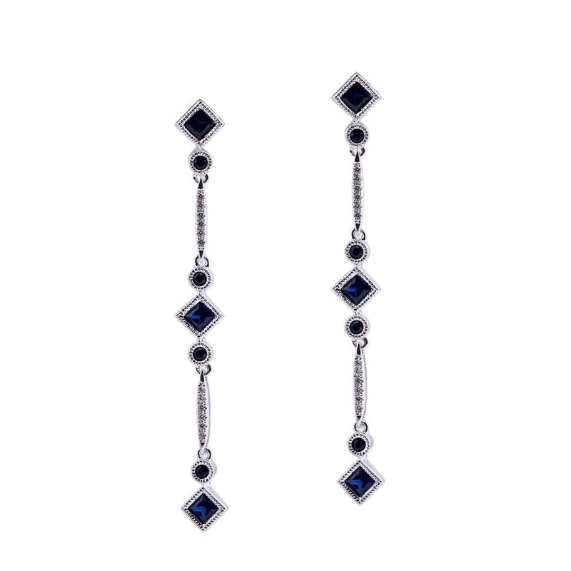Linear Sapphire and Diamond Dangle Earrings, 14K White Gold