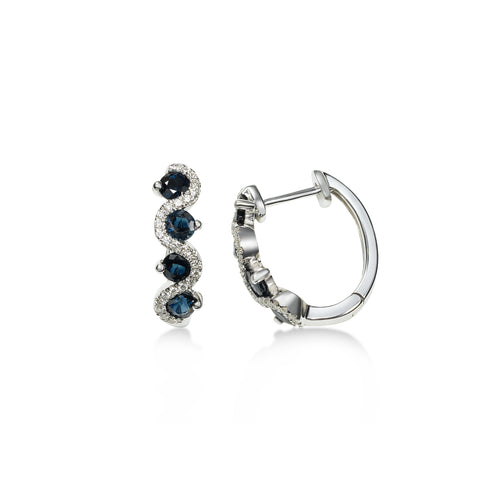 Blue Sapphire and Diamond Hoop Earrings, 14K White Gold