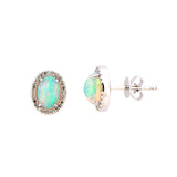 Ethiopian Opal and Diamond Halo Earrings, 14K White Gold