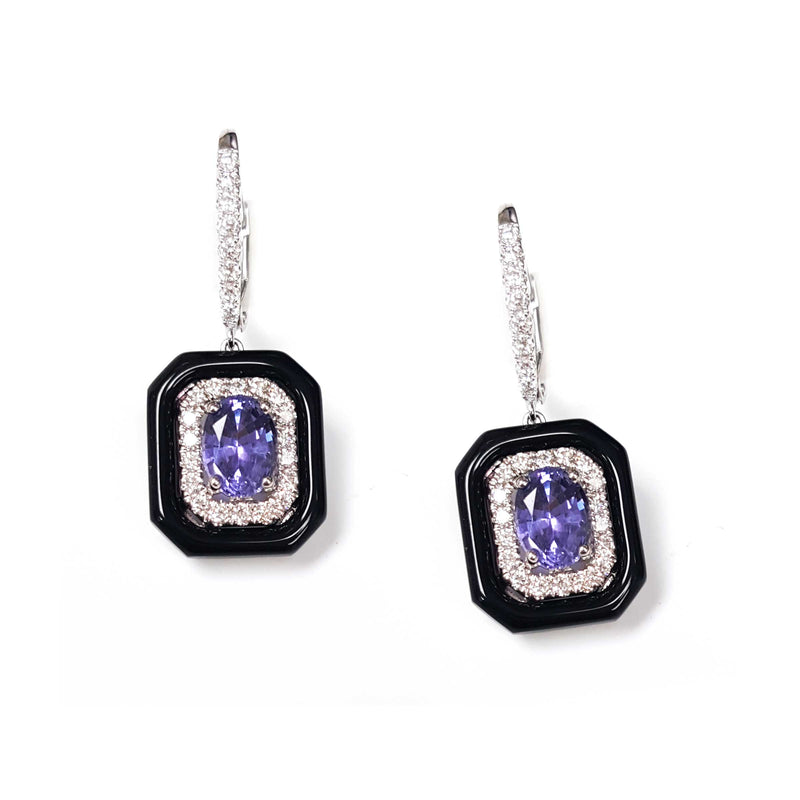 Purple Sapphire, Diamond and Black Onyx Earrings, 14K White Gold
