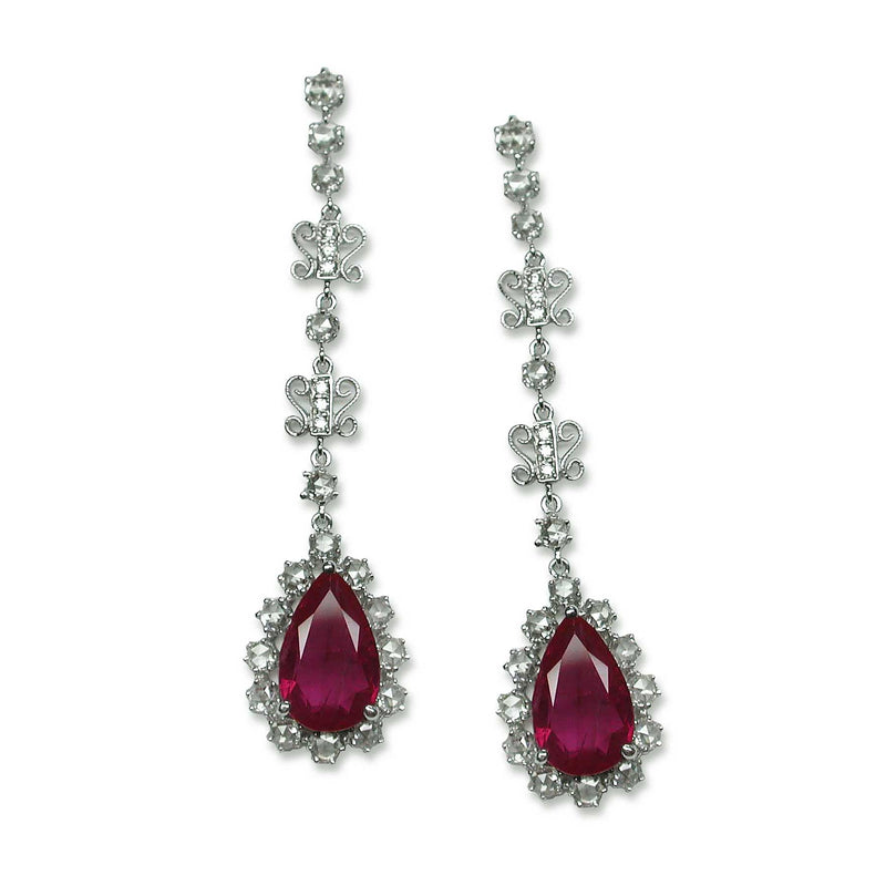 Vintage Style Ruby and Diamond Dangle Earrings, 18K White Gold