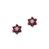 Ruby and Diamond Flower Button Earrings, 14K White Gold