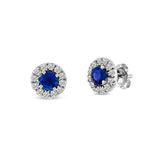 Round Sapphire with Diamond Halo Earrings, 14K White Gold