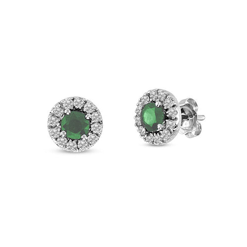 Round Emerald with Diamond Halo Earrings, 14K White Gold
