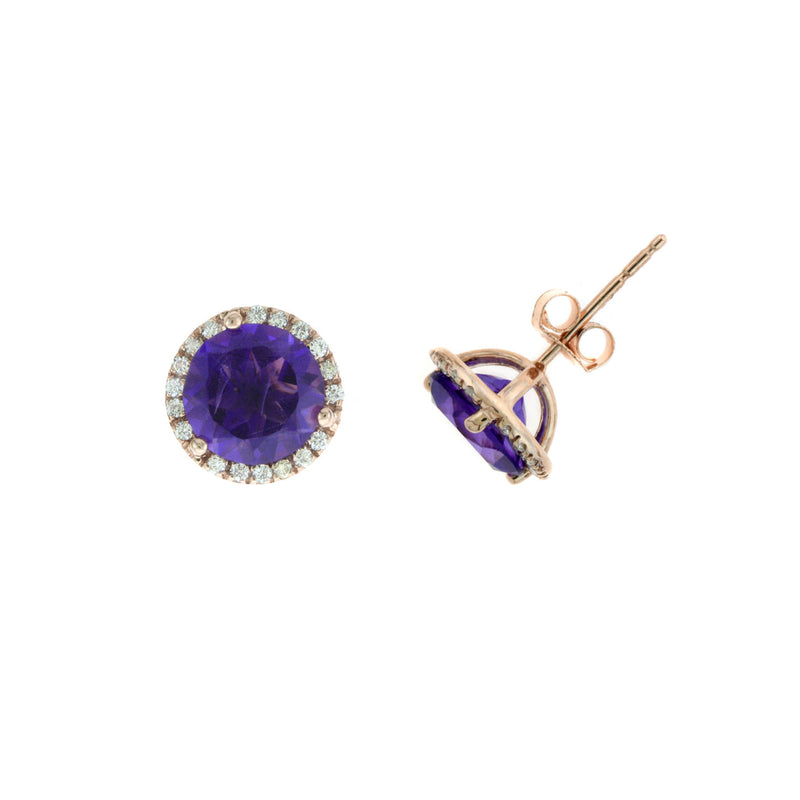 Round Amethyst And Diamond Halo Earrings, 14K Rose Gold