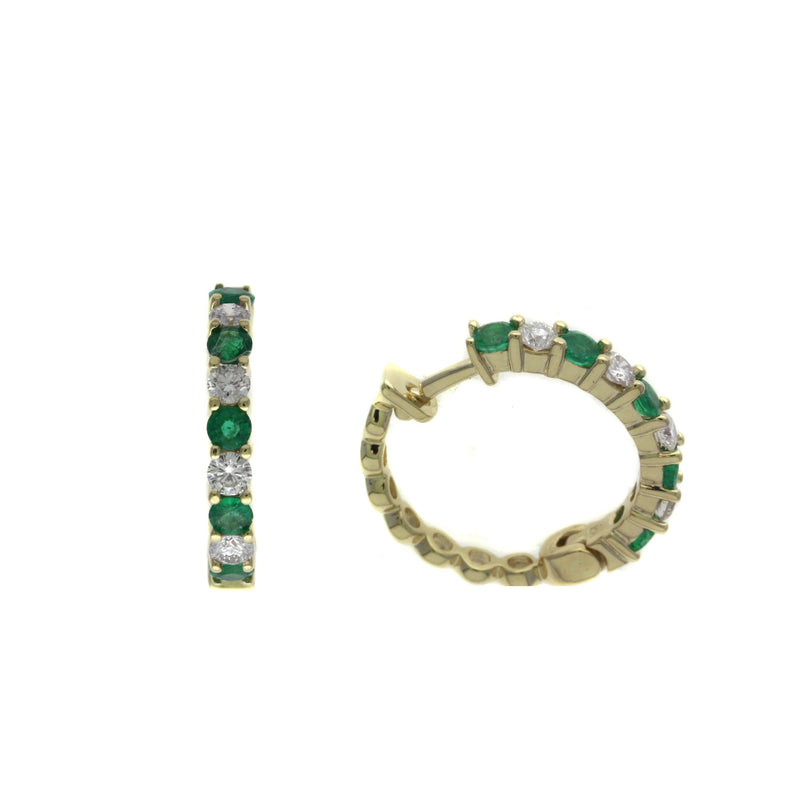 Emerald and Diamond Hoop Earrings, 14K Yellow Gold