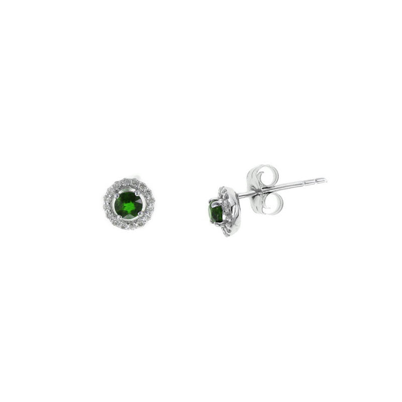 Petite Emerald and Diamond Halo Stud Earrings, 14K White Gold