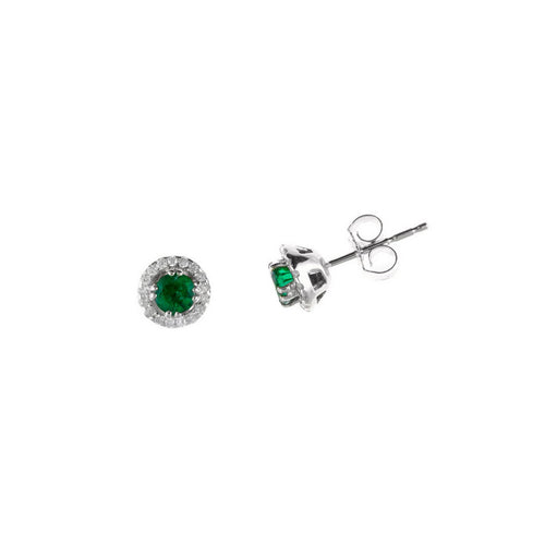 Small Emerald and Diamond Halo Stud Earrings, 14K White Gold