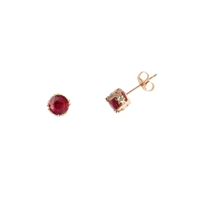 Ruby Stud Earrings with Diamond "Crown", 14K Rose Gold