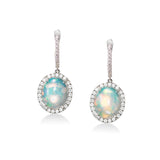 Oval Cabochon Opal and Diamond Halo Drop Earrings, 14K White Gold