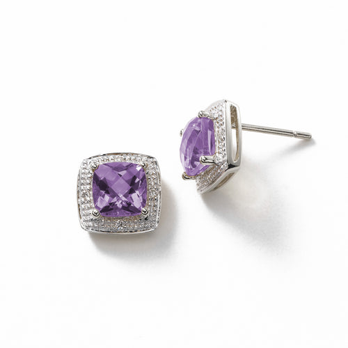 Square Amethyst and Diamond Halo Earrings, 14K White Gold
