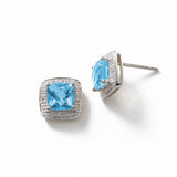 Square Blue Topaz and Diamond Halo Earrings, 14K White Gold