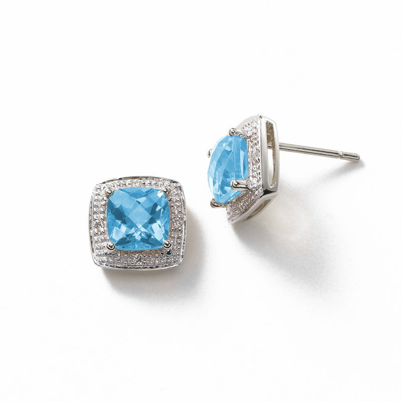 Square Blue Topaz and Diamond Halo Earrings, 14K White Gold