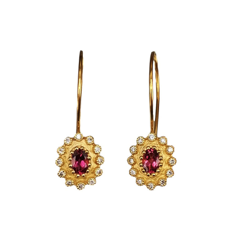 Pink Tourmaline and Diamond Drop Earrings, 14K Yellow Gold