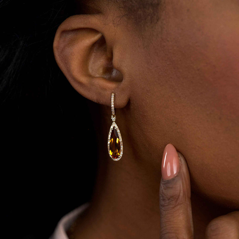 Pear Shape Citrine and Diamond Dangle Earrings, 14K Yellow Gold