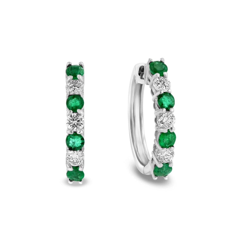 Emerald and Diamond Hoop Earrings, 14K White Gold