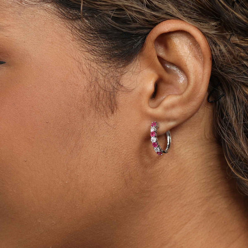 Ruby and Diamond Hoop Earrings, 14K White Gold