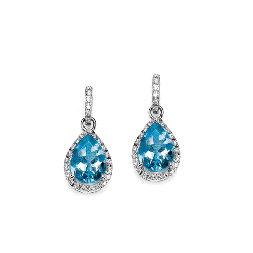 Pear Shape Blue Topaz and Diamond Drop Earrings, 14K White Gold