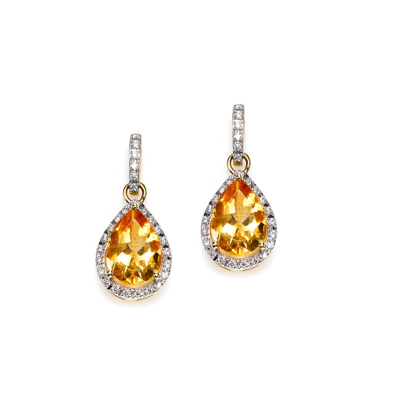 Pear Shape Citrine and Diamond Drop Earrings, 14K Yellow Gold