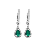 Pear Shape Emerald and Diamond Drop Earrings, 14K White Gold