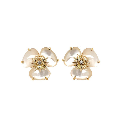 Pearlized Quartz Flower Pansy Earrings, 18K Yellow Gold