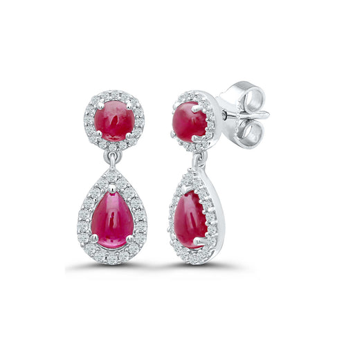 Round and Pear Shape Ruby Dangle Earrings, 14K White Gold