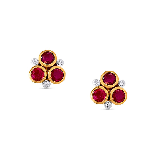 Ruby and Diamond Cluster Earrings, 18K Yellow Gold
