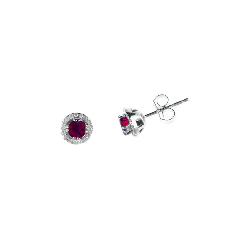 Small Ruby and Diamond Halo Stud Earrings, 14K White Gold