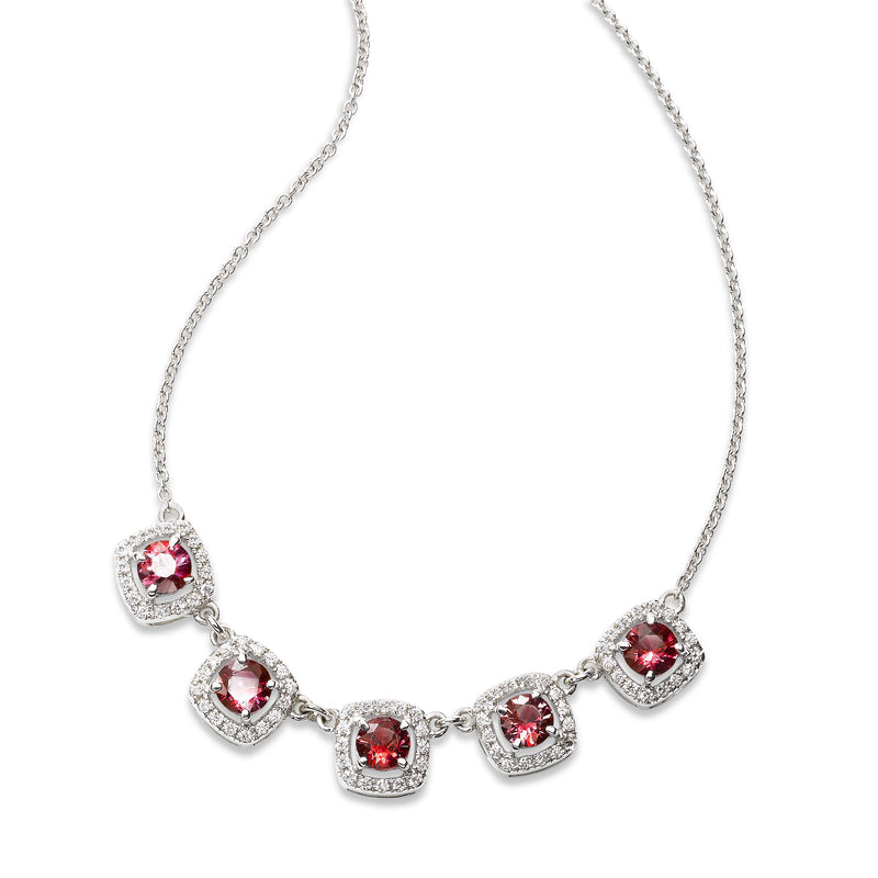 Five Ruby and Diamond Halo Necklace, 14K White Gold