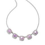 Five Pink Sapphire and Diamond Halo Necklace, 14K White Gold