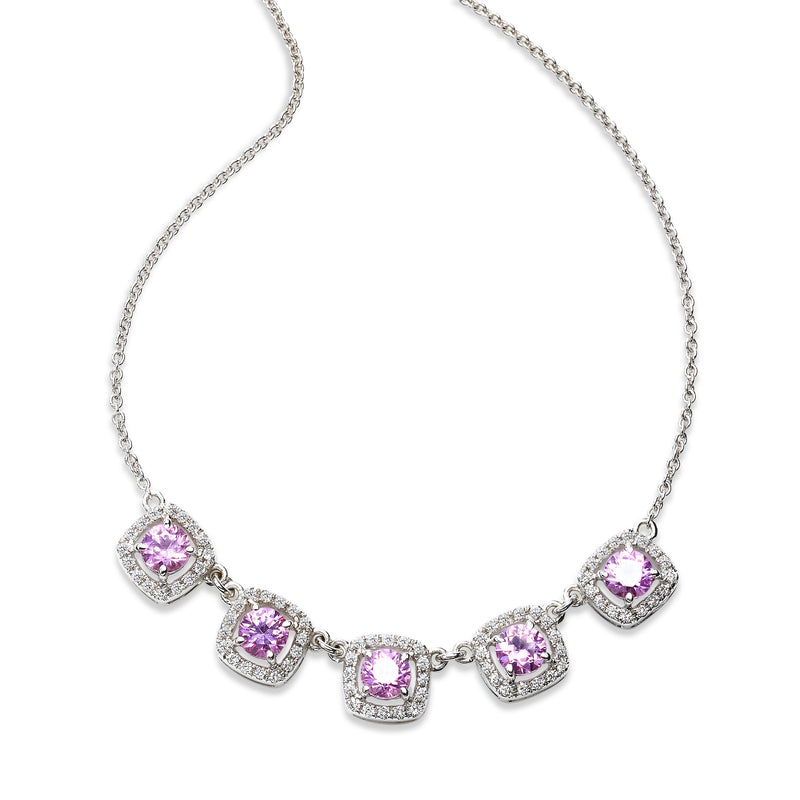 Five Pink Sapphire and Diamond Halo Necklace, 14K White Gold
