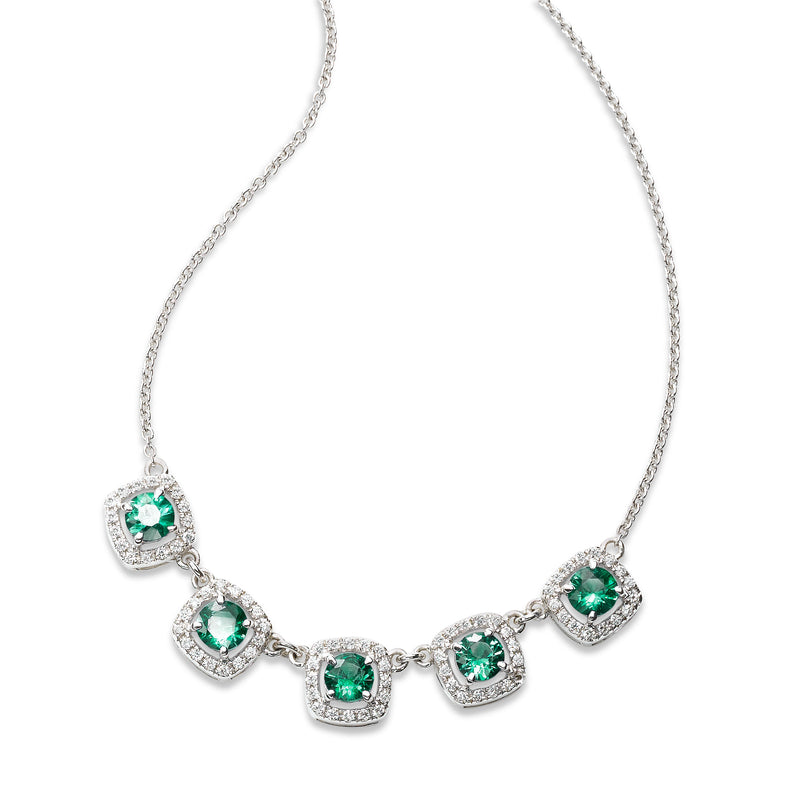 Five Emerald and Diamond Halo Necklace, 14K White Gold