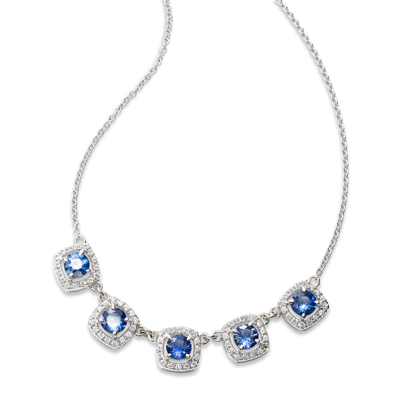 Five Blue Sapphire and Diamond Halo Necklace, 14K White Gold