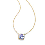 Cushion Cut Tanzanite and Diamond Halo Necklace, 14K Yellow Gold