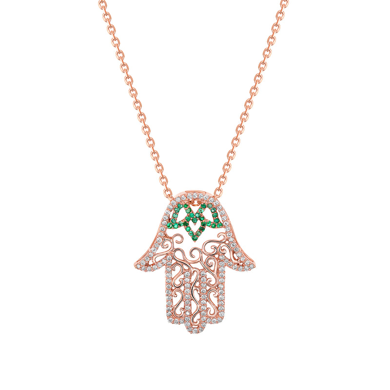 Diamond and Emerald Openwork Hamsa Necklace, 14K Rose Gold