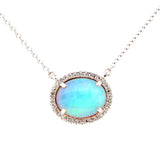 Ethiopian Opal and Diamond Halo Necklace, 14K White Gold