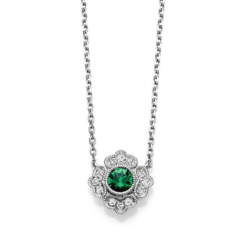 Vintage Emerald Necklace with Diamonds, 14K White Gold