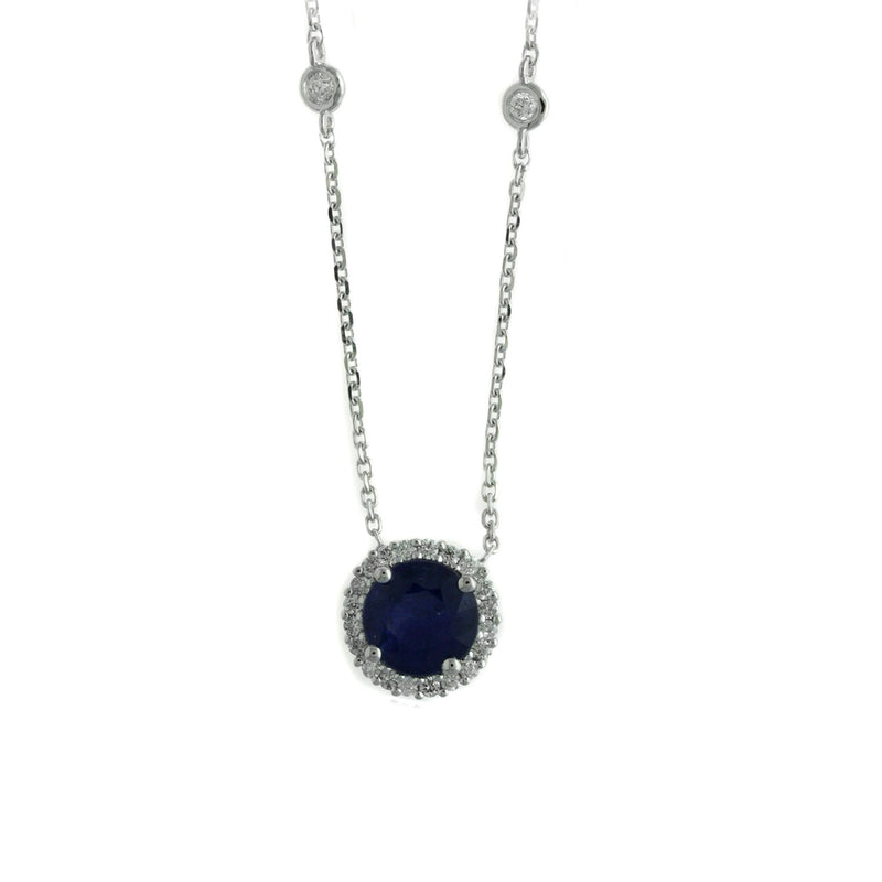Round Sapphire and Diamond Halo Necklace, 14K White Gold