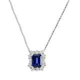 Rectangular Sapphire and Diamond Halo Necklace, 14K White Gold
