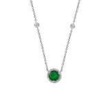 Round Emerald and Diamond Halo Necklace, 14K White Gold