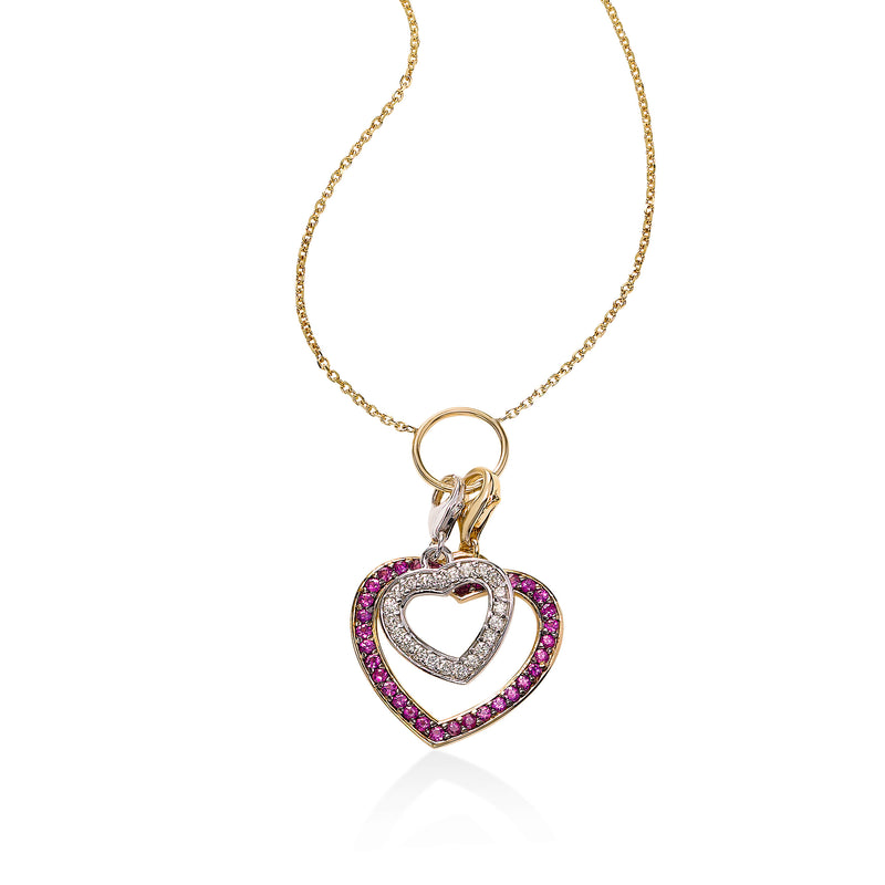 Open Heart Ruby and Diamond Charm Necklace, 14 Karat Gold