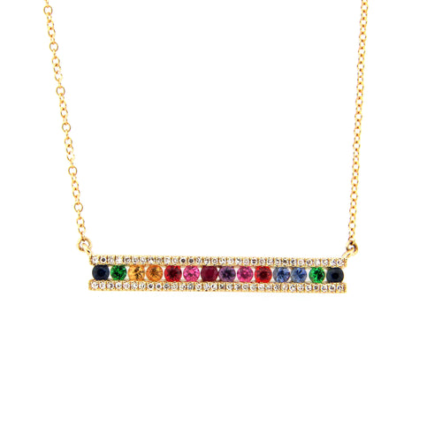 Rainbow Gemstone Bar Necklace, 14K Yellow Gold
