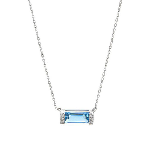 Blue Topaz and Diamond Bar Necklace, 14K White Gold