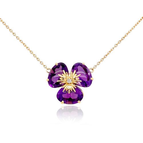 Amethyst Flower Pansy Necklace, 18K Yellow Gold