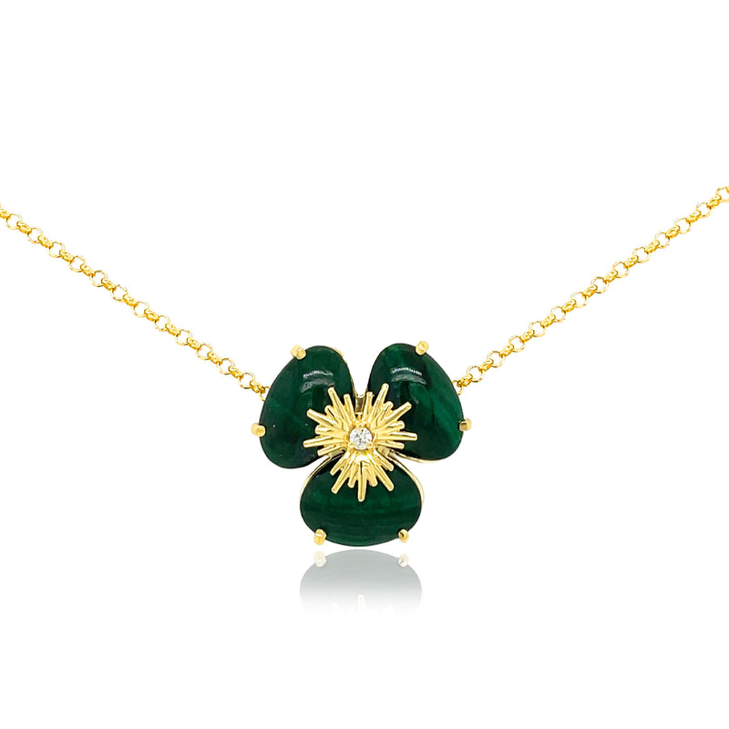 Malachite Flower Pansy Necklace, 18K Yellow Gold