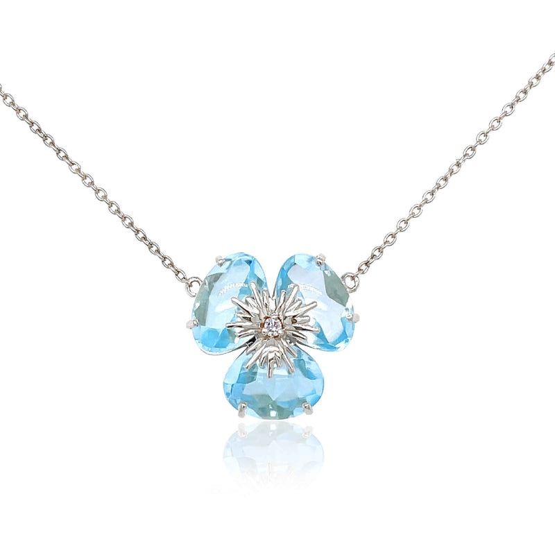 Blue Topaz Flower Pansy Necklace, 18K White Gold