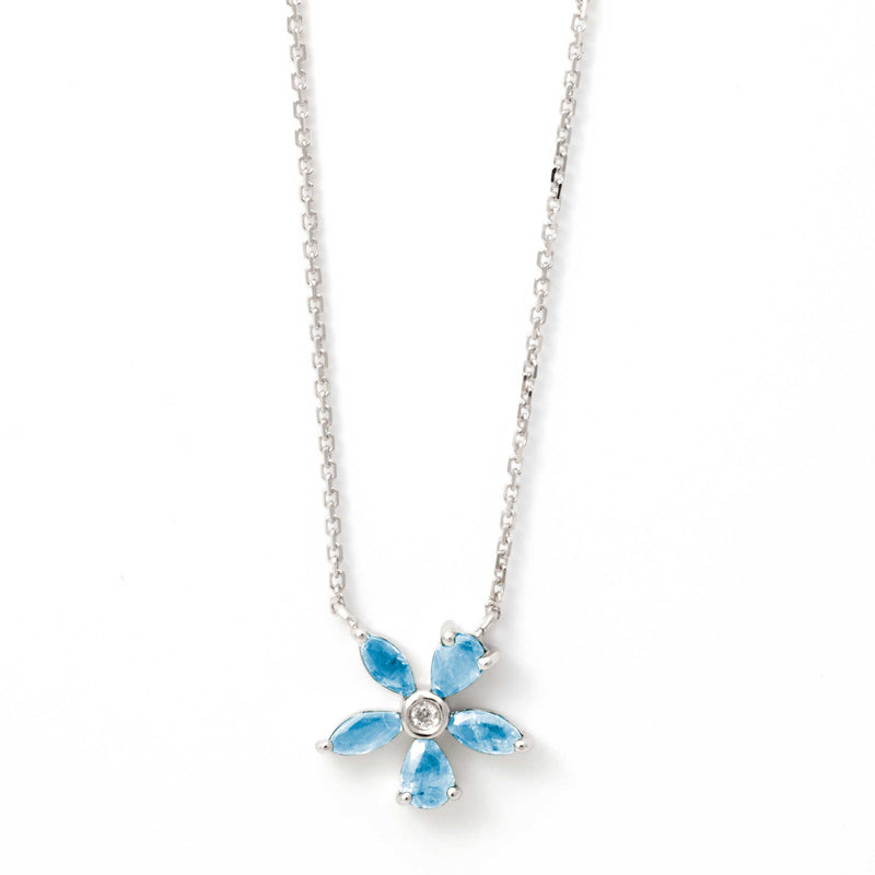 Blue Topaz Flower Necklace, 14K White Gold