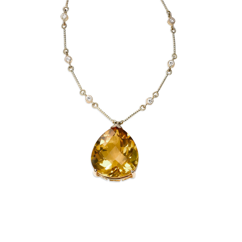 Large Pear Shape Citrine Pendant with Diamonds, 14K Yellow Gold
