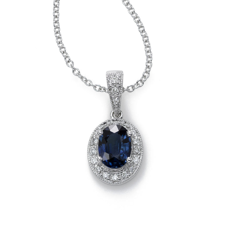 Oval Sapphire Pendant with Diamonds, 14K White Gold